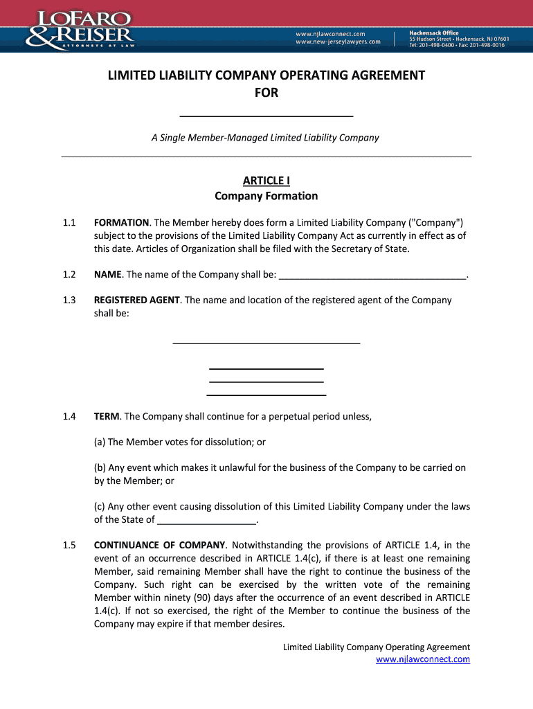 Single Member LLC Operating Agreement New Jersey New Jersey LLC Incorporation Single Member LLC Operating Agreement PDF Form