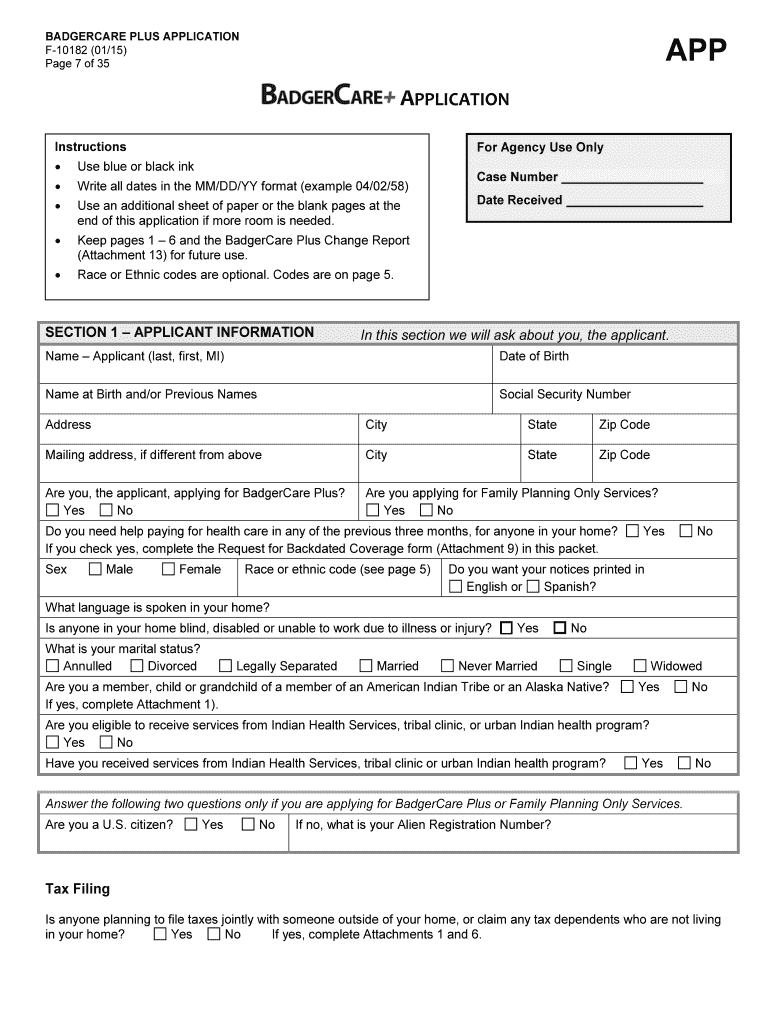  State of Wisconsin Badger Care Application Form 2015