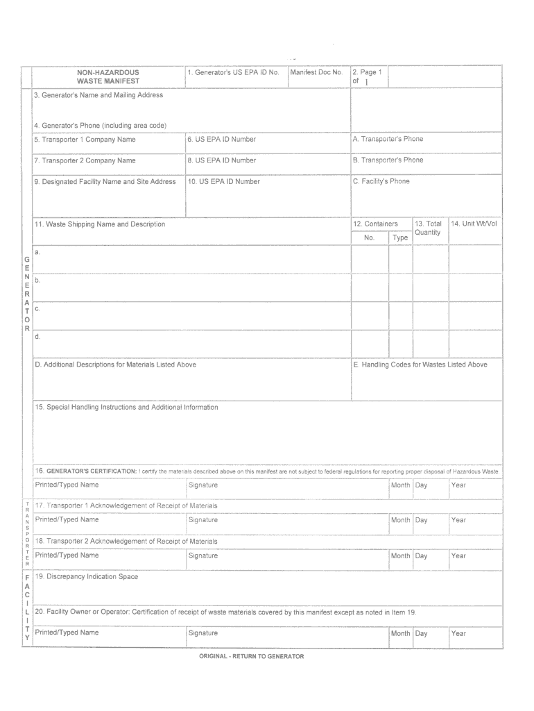 Non Hazardous Manifest  Form