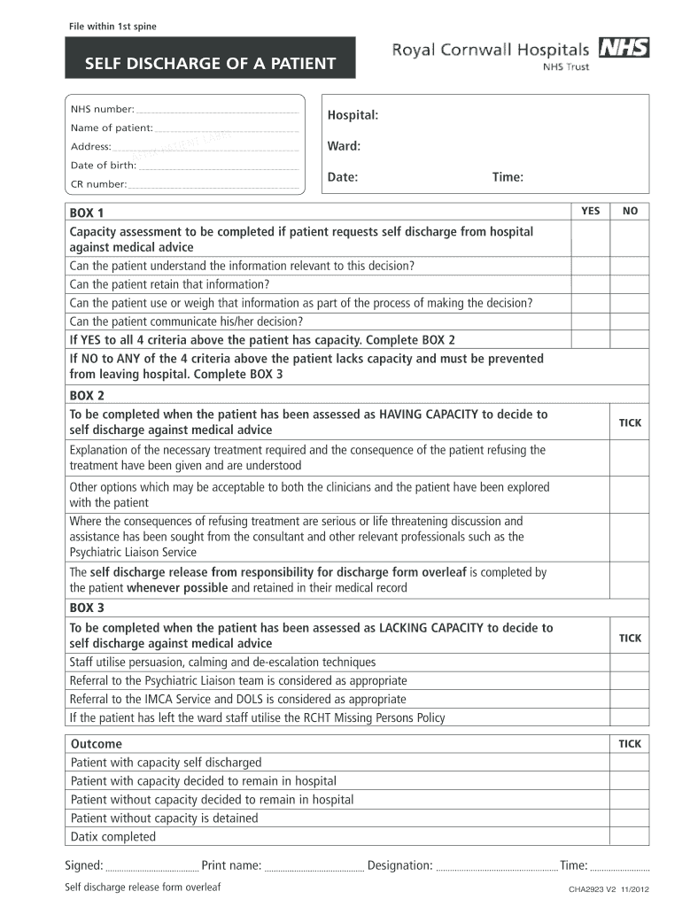 CHA2923 Self Discharge of a Patient Self Discharge of a Patient Rcht Nhs  Form