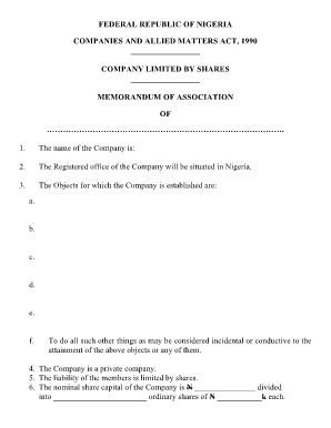 Memorandum of Association Sample Nigeria  Form