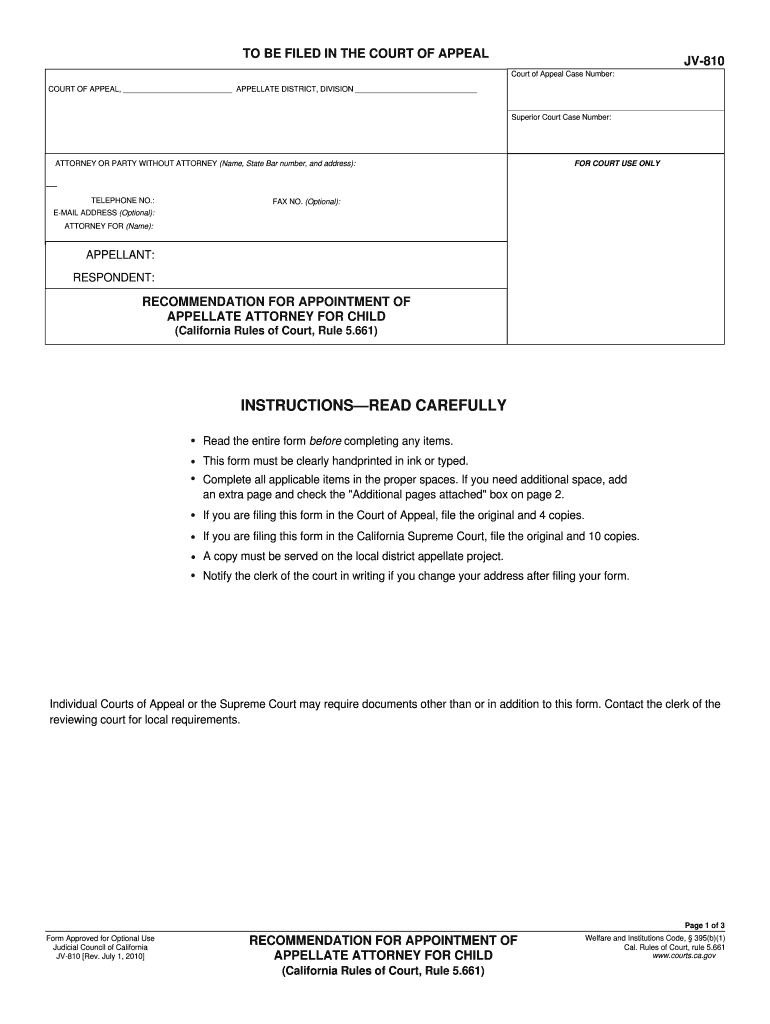  JV 810 Recommendation for Appointment of Appellate Attorney for Courts Ca 2010