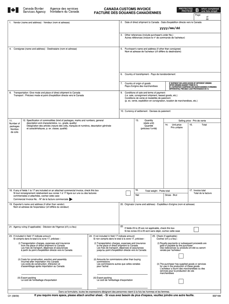  Canada Customs Invoice Fillable 2009-2024