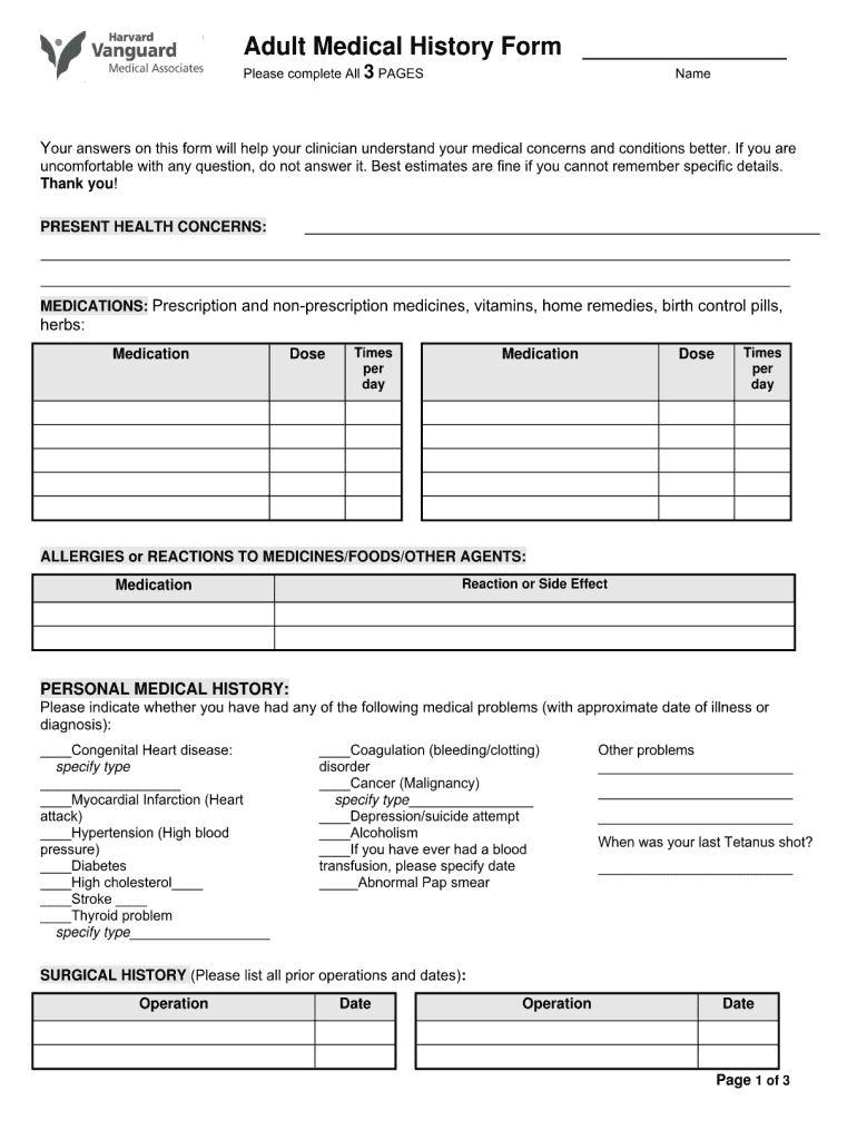 Adult Medical History Form Writable