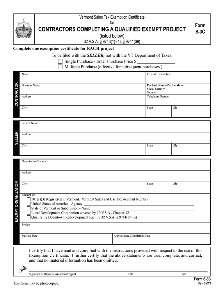  Fillable Vermont Sales and Use Certificate 2013