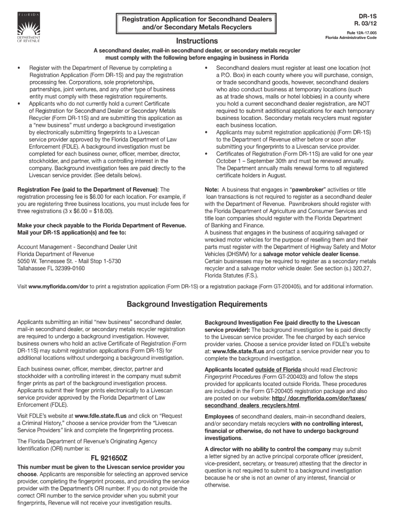  Dr1 Vs Dr1s Florida Resale Certificate  Form 2012