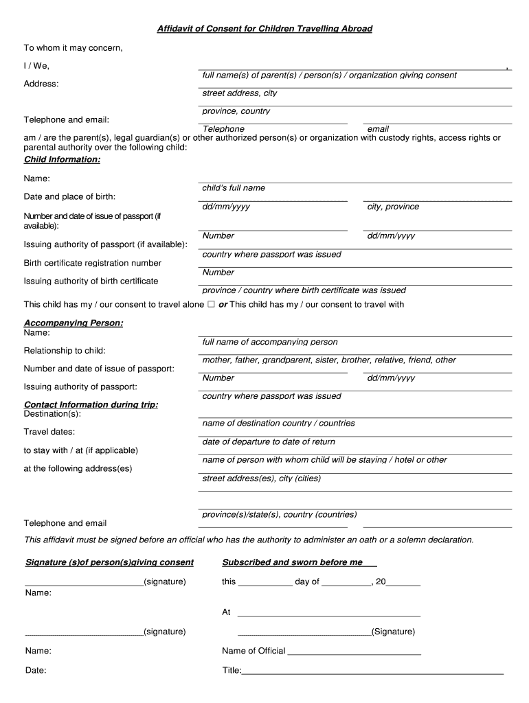 Affidavit of Consent to Travel  Form