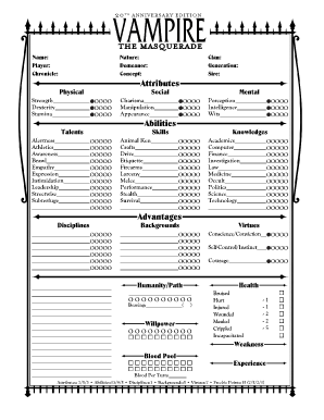 Vampire: The Masquerade 5th Edition Roleplaying Game PDF Fillable Character  Sheet