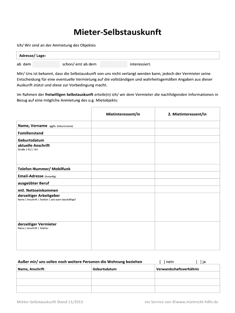 Selbstauskunft Template  Form