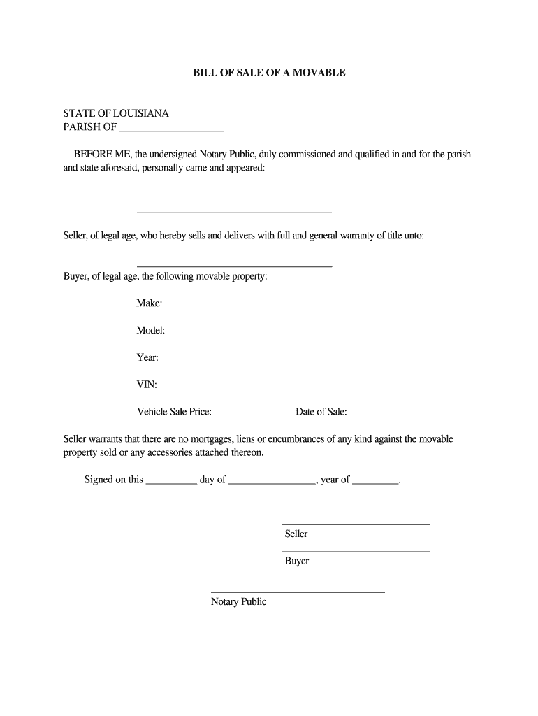 Bill of Sale of a Movable Louisiana  Form