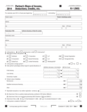 Schedule K 1 565 Partner&#039;s Share of Income, Deductions Ftb Ca  Form