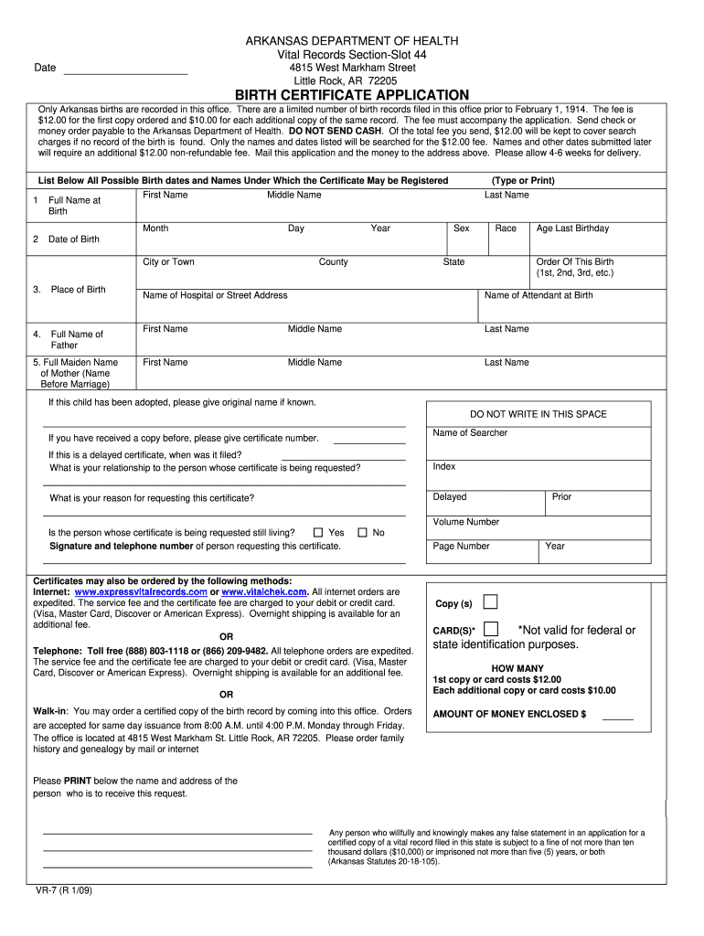 BIRTH CERTIFICATE APPLICATION Arkansas Department of Humanservices Arkansas 2011