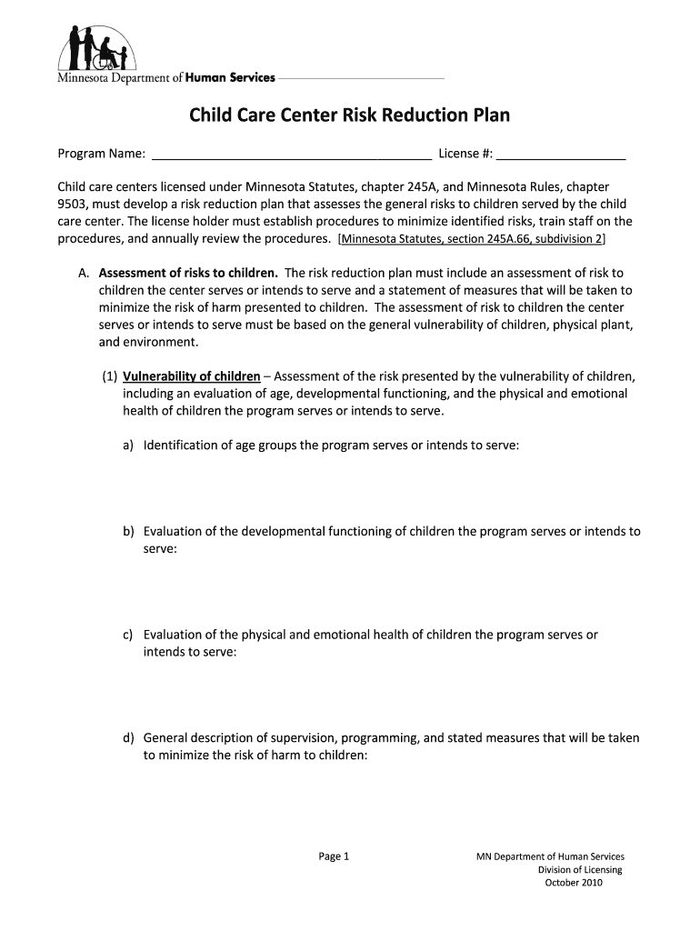  Child Care Center Risk Reduction Plan Dhs State Mn 2012