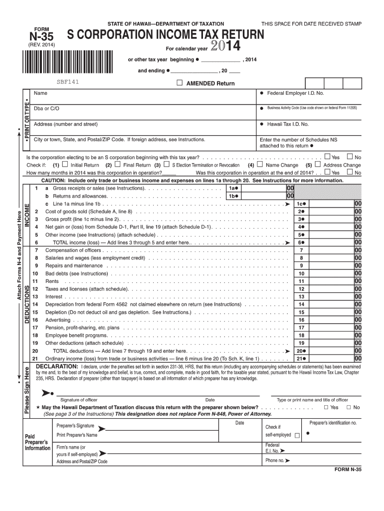  Hawaii Form N 35 2014