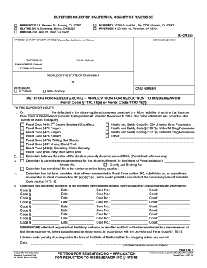 PETITION for RESENTENCING APPLICATION for Riverside Courts Ca  Form