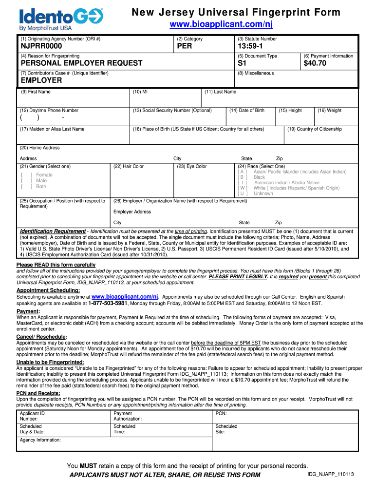 Nj Universal Fingerprint Form Firearms