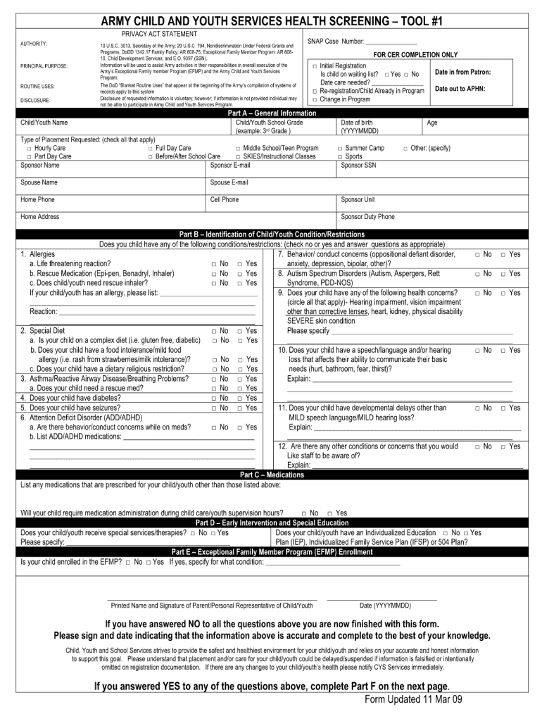 Army Child and Youth Services Health Screening Form