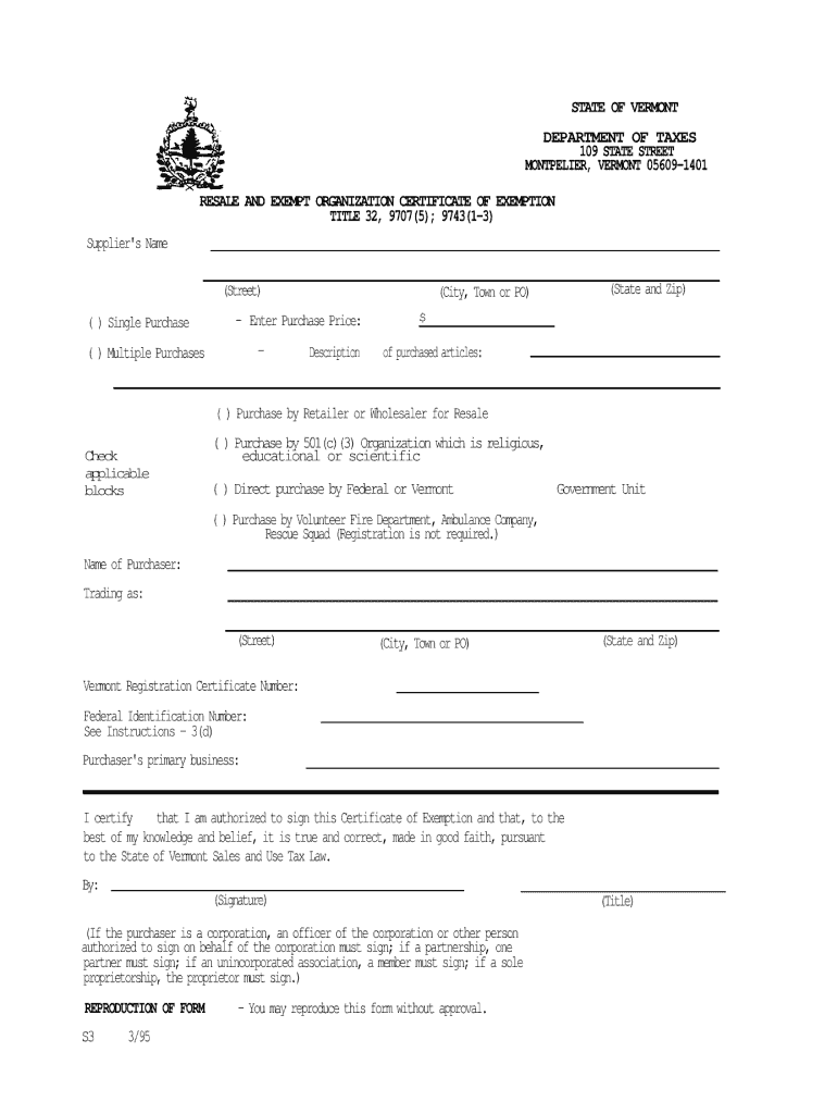  Vermont Resellers Certificate Form 1995