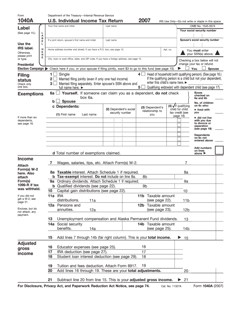  Form 1040a for 2007