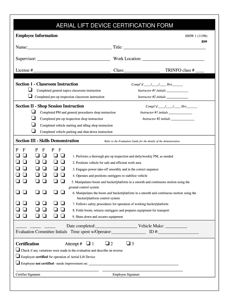 Aerial Lift Certification Card Template Pdf