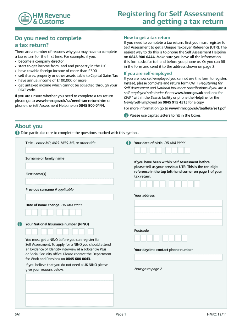  Form SA1 Registering for Self Assessment and Getting a Tax Return 2011-2024