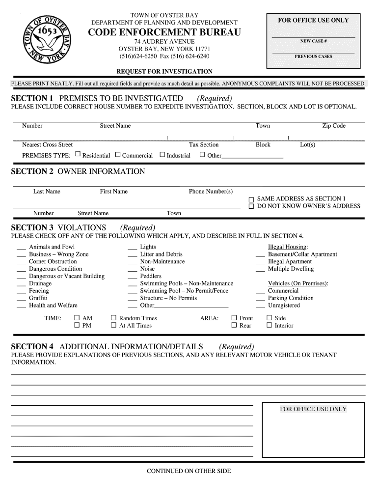 Town of Oyster Bay Code Enforcement  Form