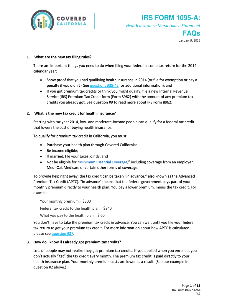  IRS FORM 1095 a FAQs 2015-2024