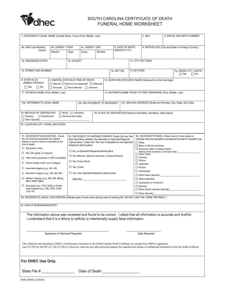  Sc Death Worksheet  Form 2010