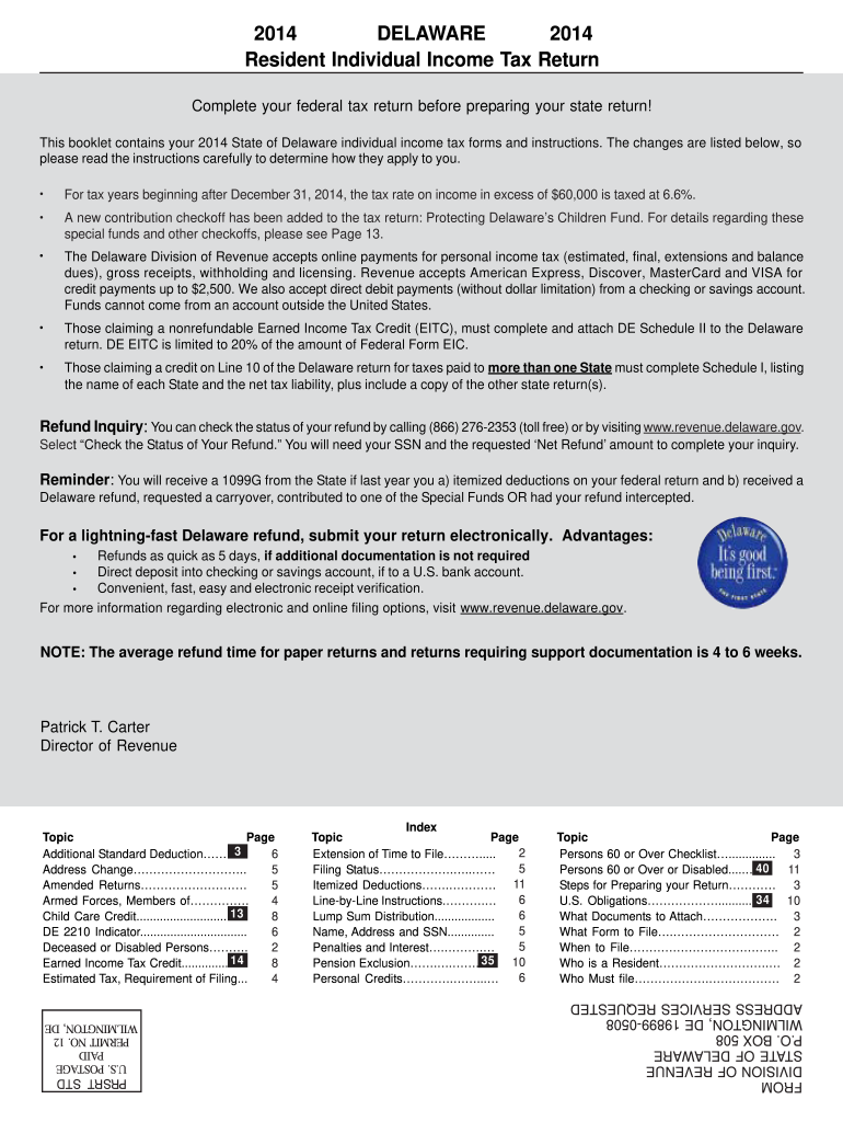  DELAWARE Resident Individual Income Tax Return  Revenue Delaware 2014