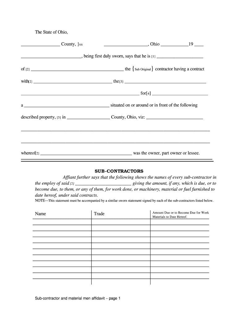 State of Ohio Affidavit of Contractor Form