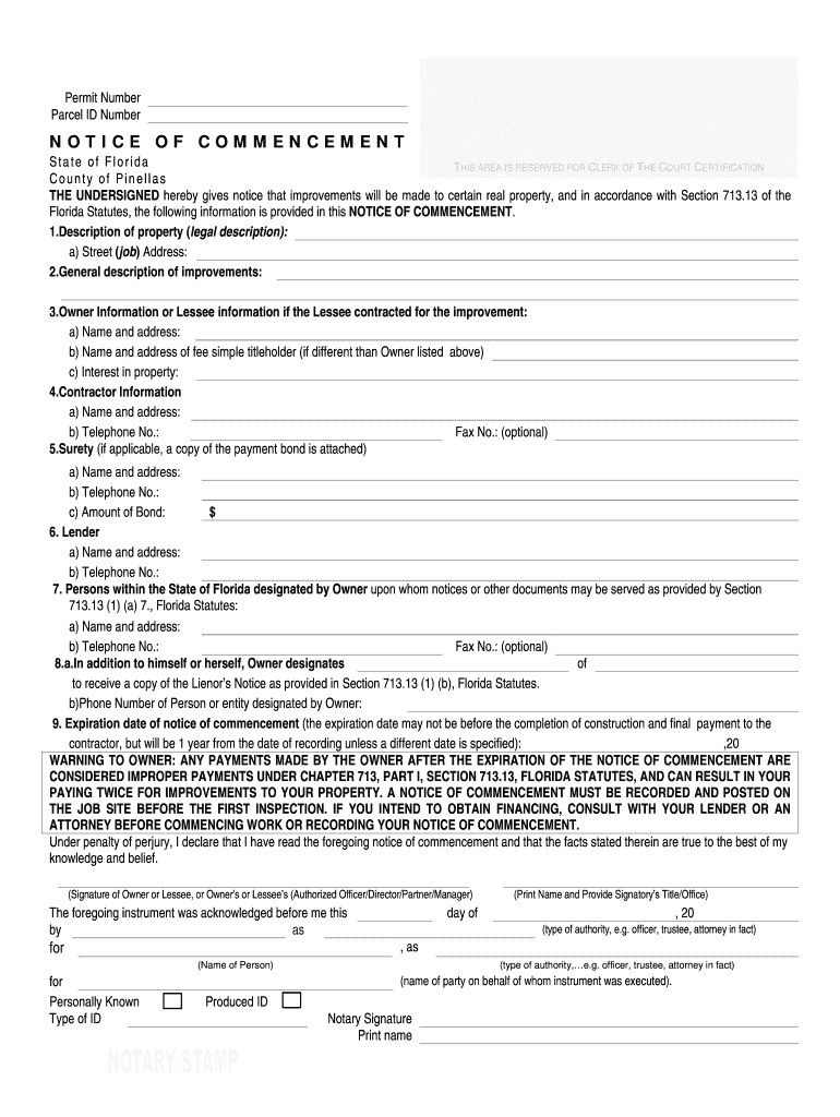 Pinellas County Notice of Commencement Form
