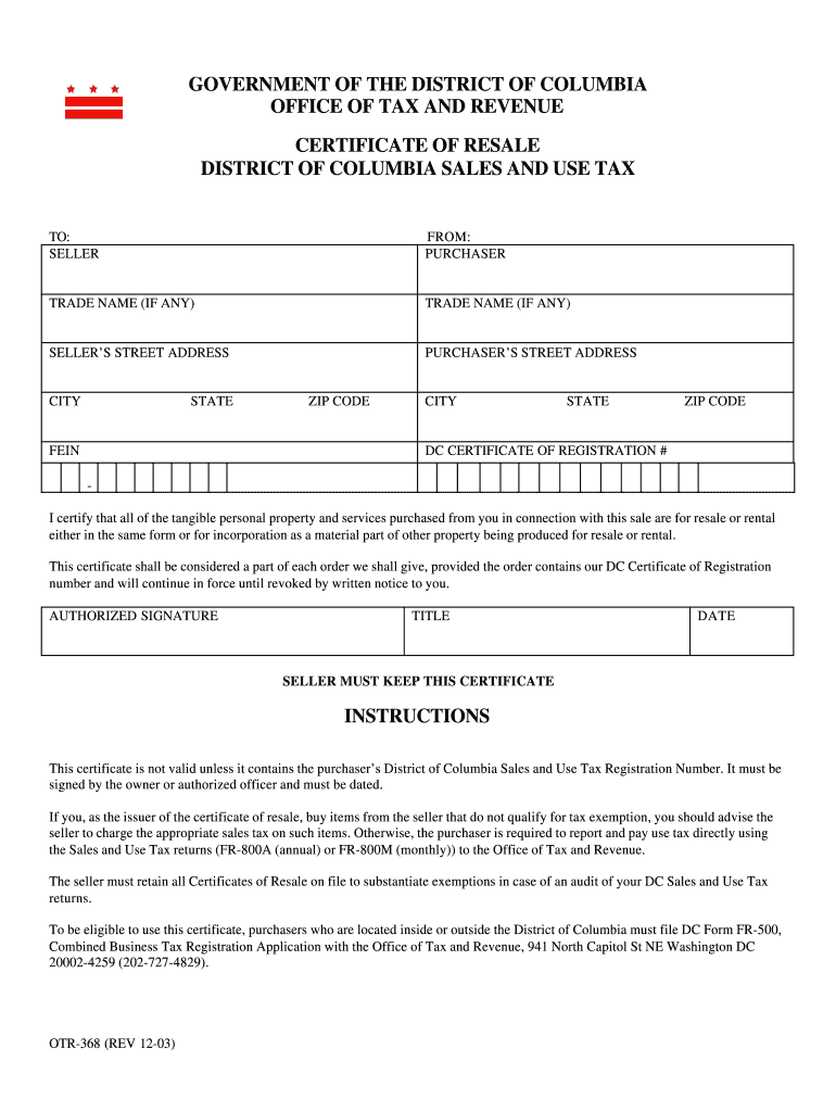 Get and Sign District of Columbia Certificate of Resale Blank Form 2003