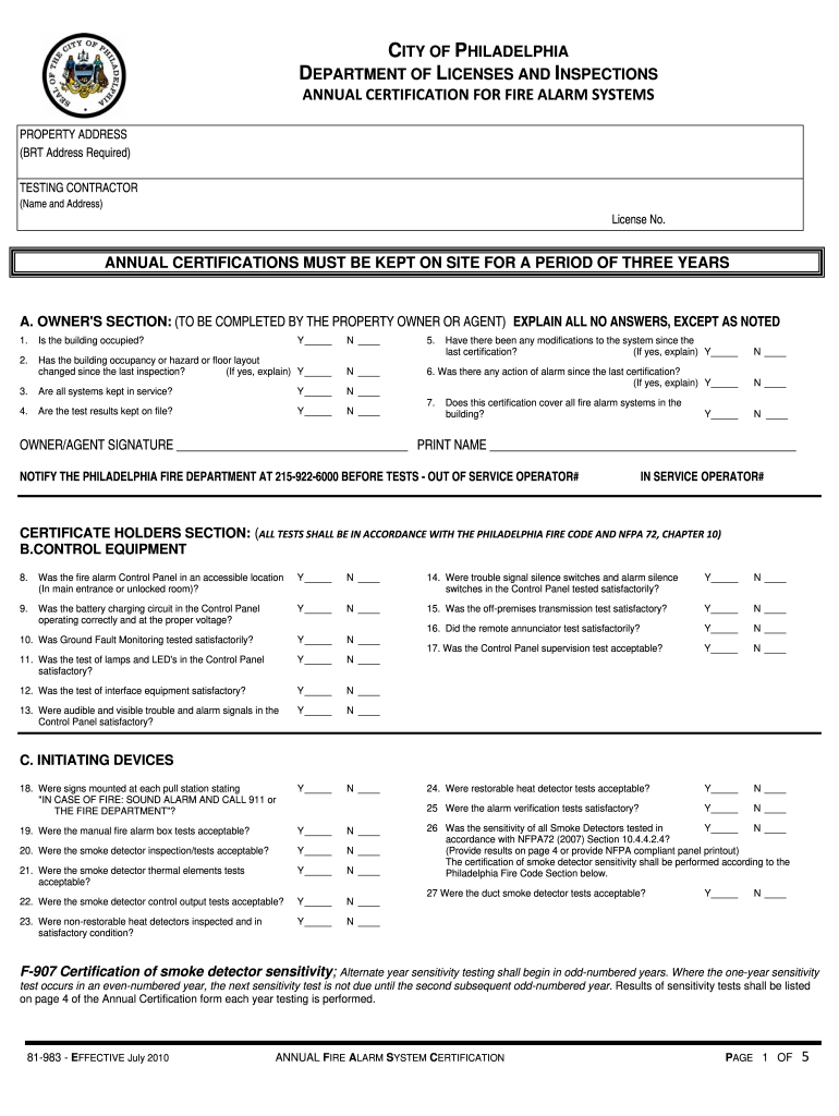  Fire Alarm Certification Form 2010