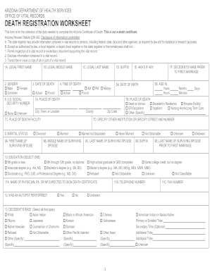 This Form is for the Collection of the Data Needed to Complete the Arizona  Certificate of Death Azdhs 2014-2023