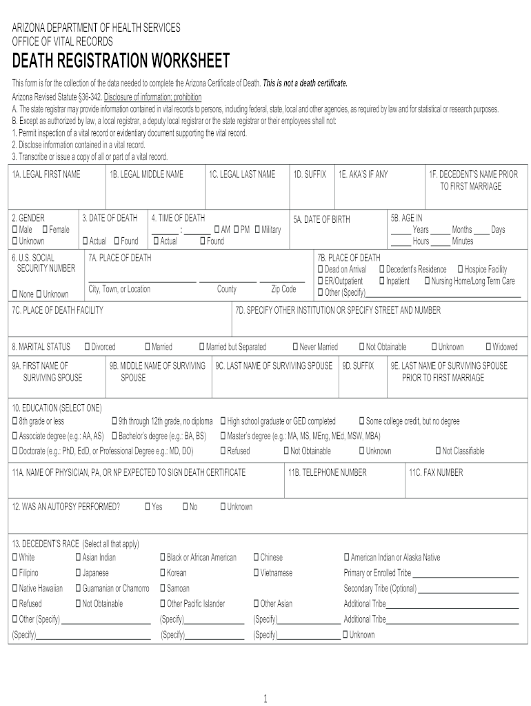  This Form is for the Collection of the Data Needed to Complete the Arizona Certificate of Death  Azdhs 2014-2024
