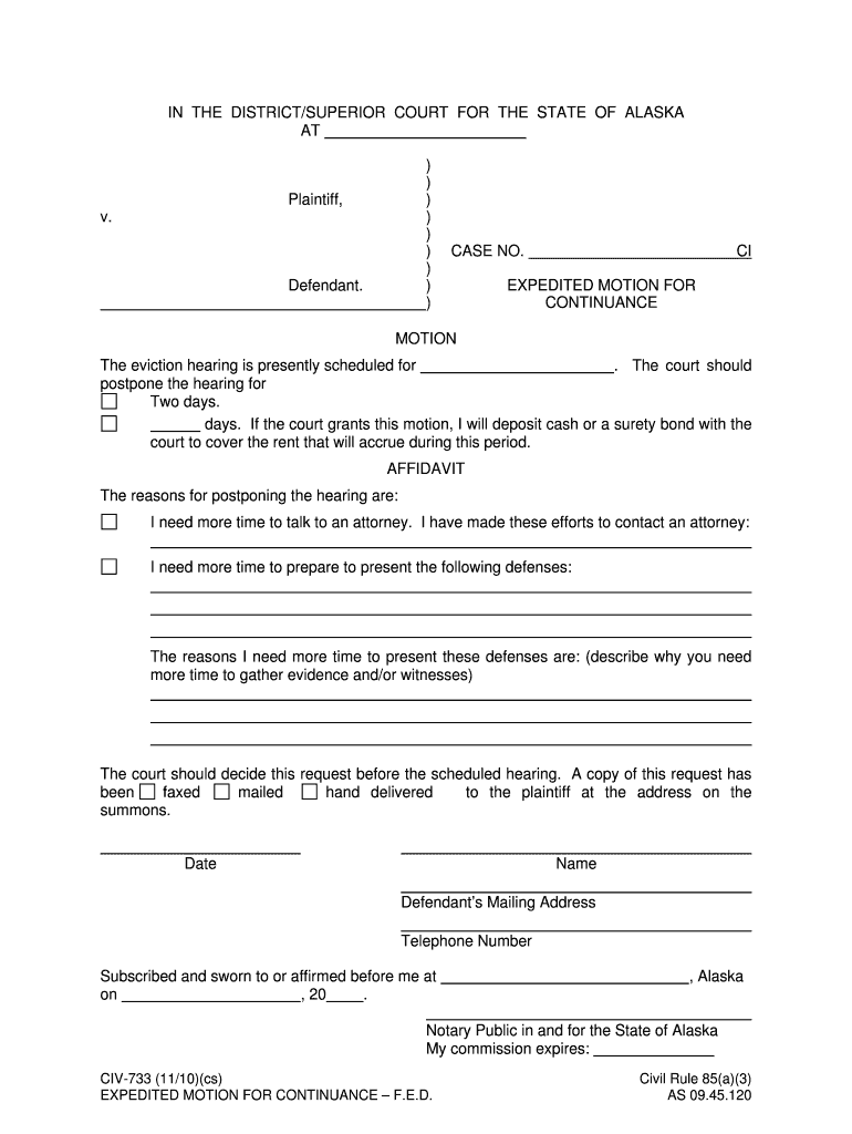 CIV 733 Expedited Motion for Continuance 11 10  Form