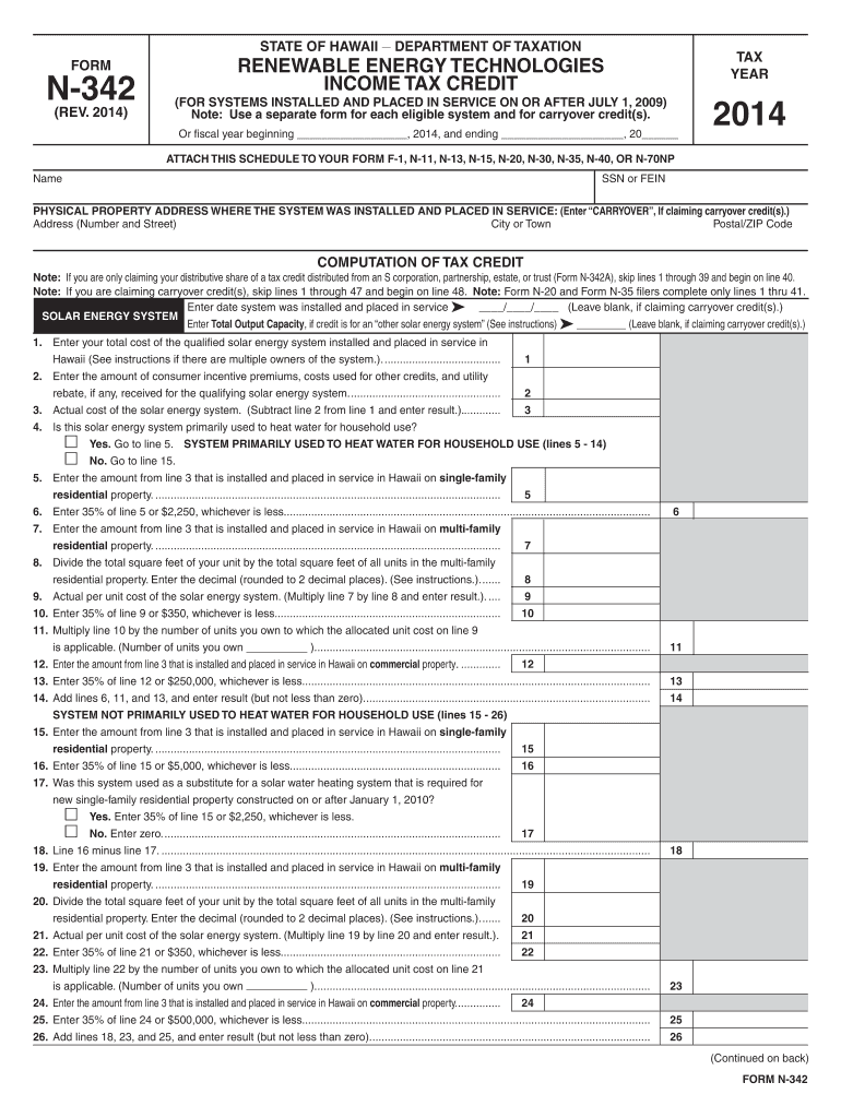  Hawaii Form N 342 2014