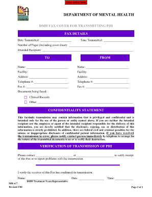 Dmh Fax Cover for Transmitting Phi Lac Dmh  Form