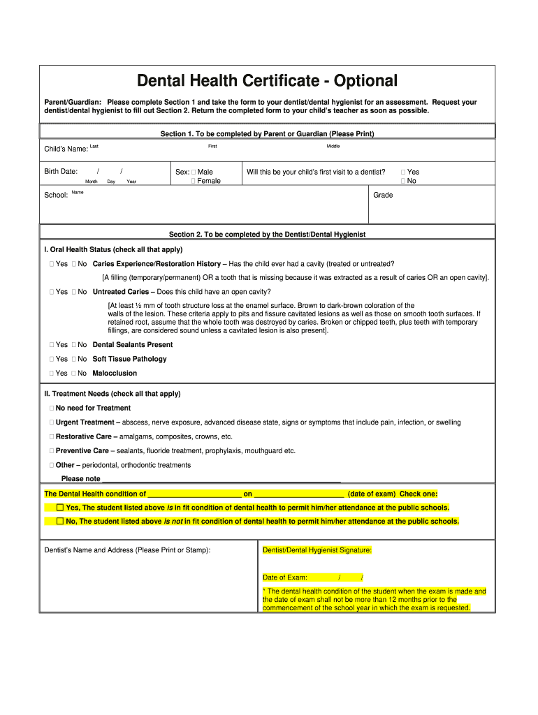 Dental Certificate  Form