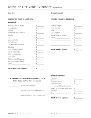 Wheel of Life Monthly Budget Answers  Form