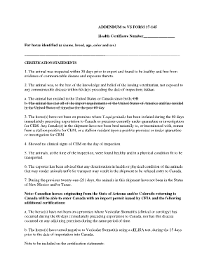 ADDENDUM to VS FORM 17 145 Health Certificate