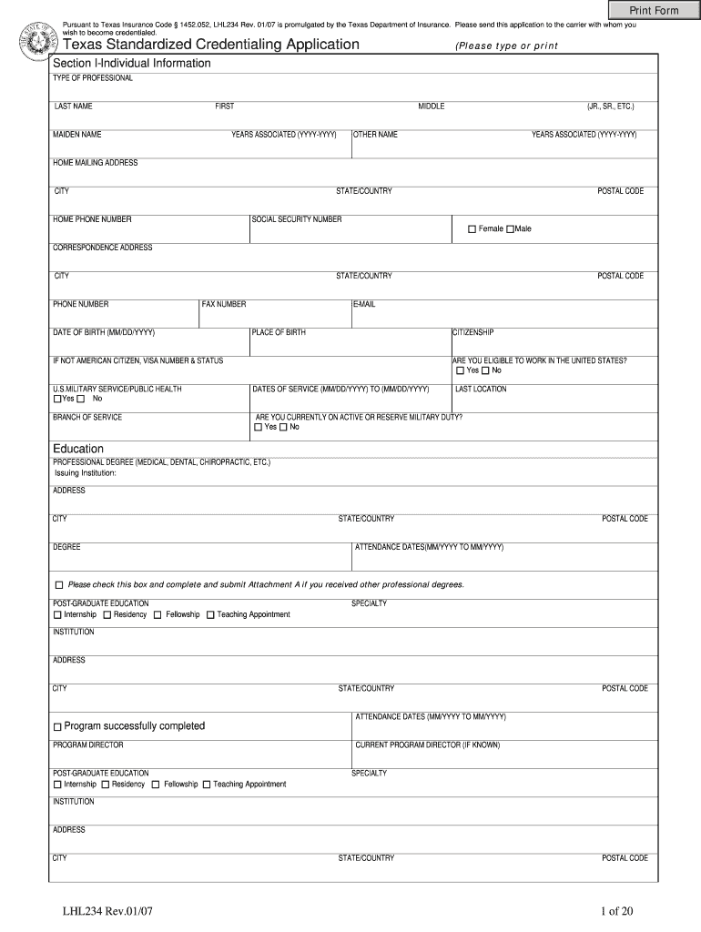  Texas Standardized Credentialing Application 2007-2024