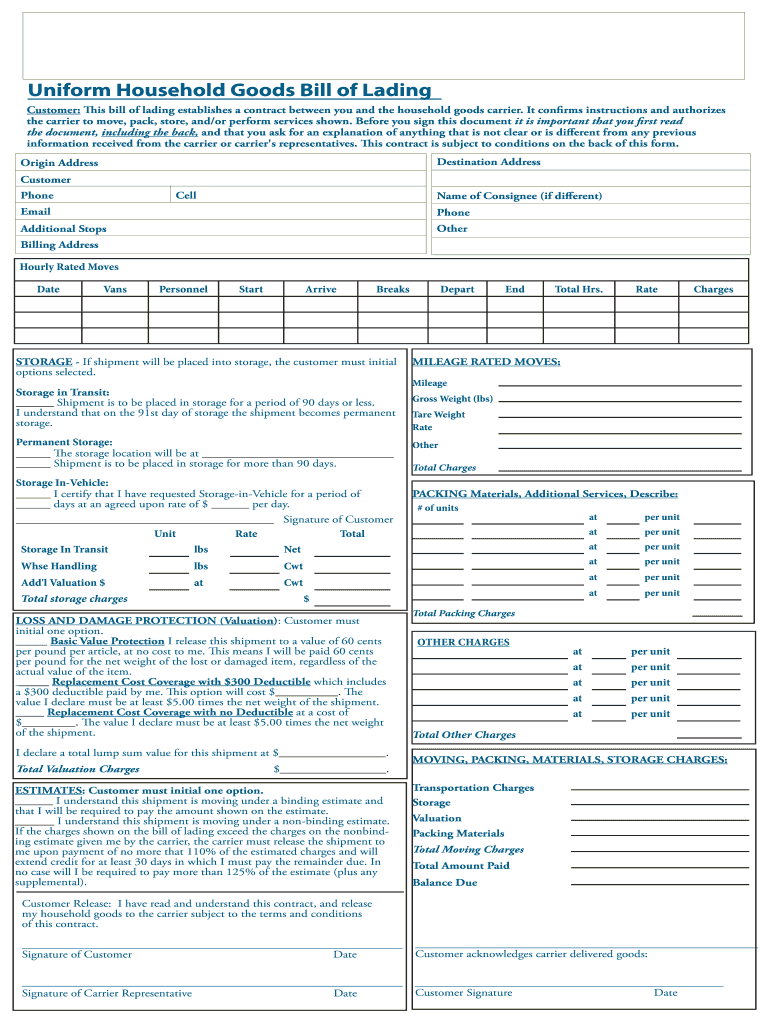 Get and Sign Moving Bill of Lading Template  Form