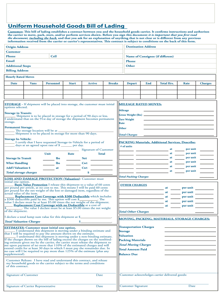 Moving Bill of Lading Template  Form