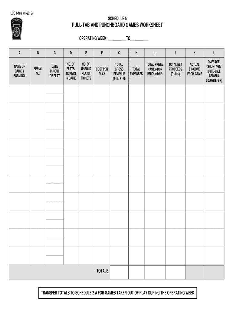 Schedule 5 Pull Tab and Punchboard Games Worksheet PDF  Form