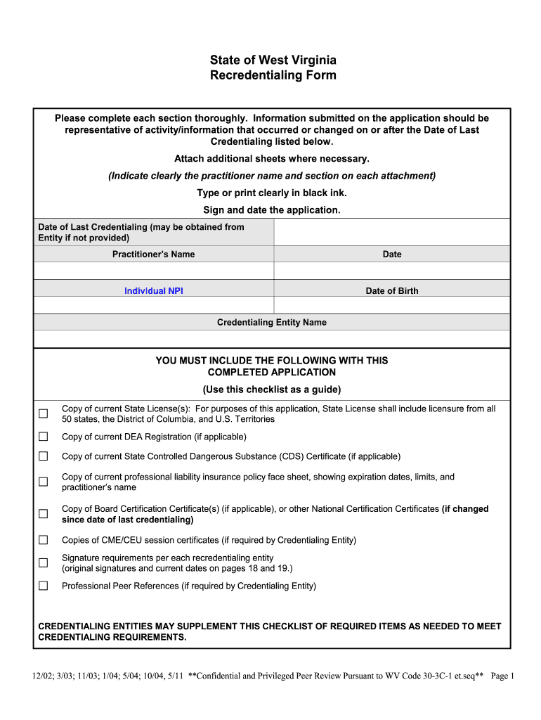  State of West Virginia Recredentialing Form 2004