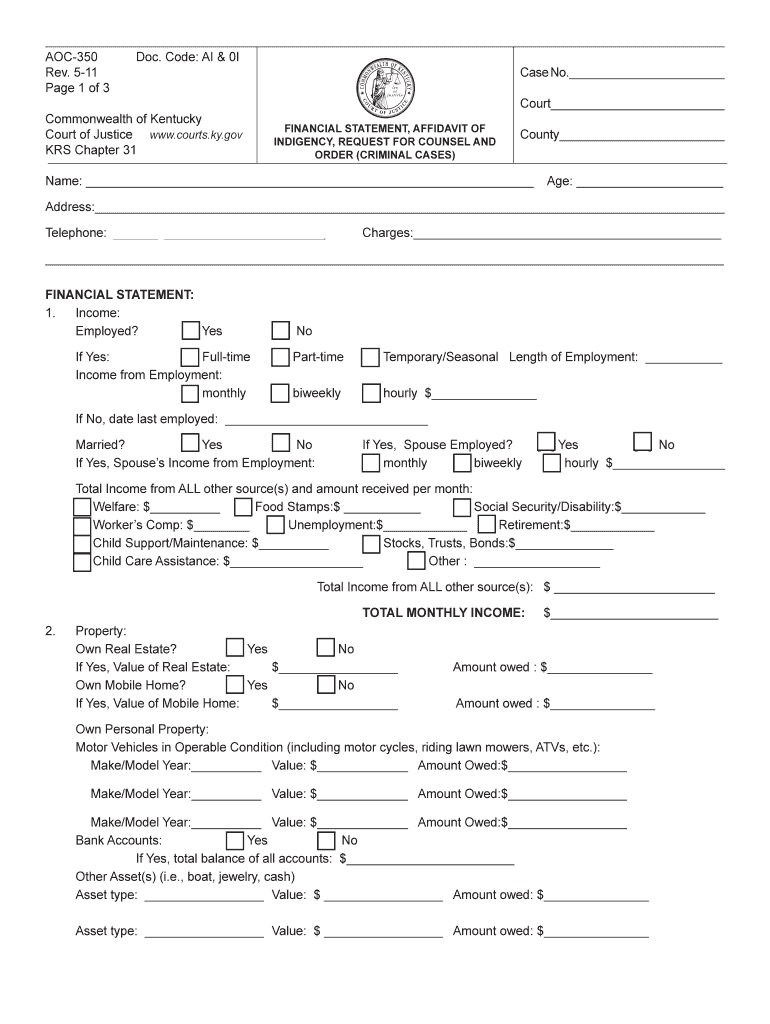 Get and Sign FINANCIAL STATEMENT, AFFIDAVIT of Courts Ky 2011-2022 Form