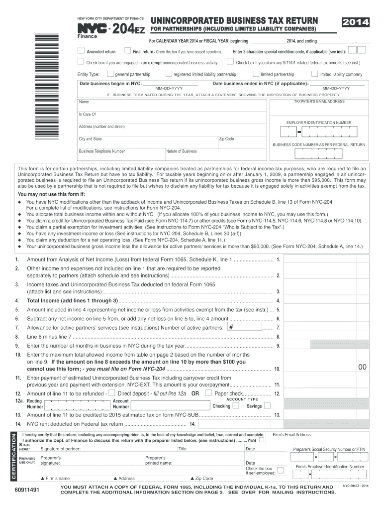  Nyc 204 Ez Instructions Form 2014