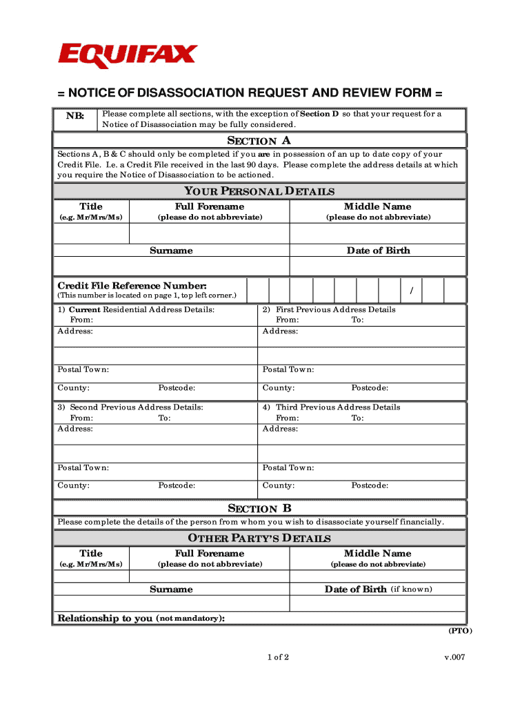 Equifax Disassociation Form