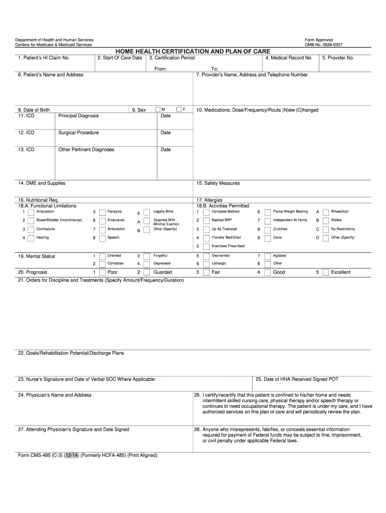  Home Health Certification Form 485 2014-2024